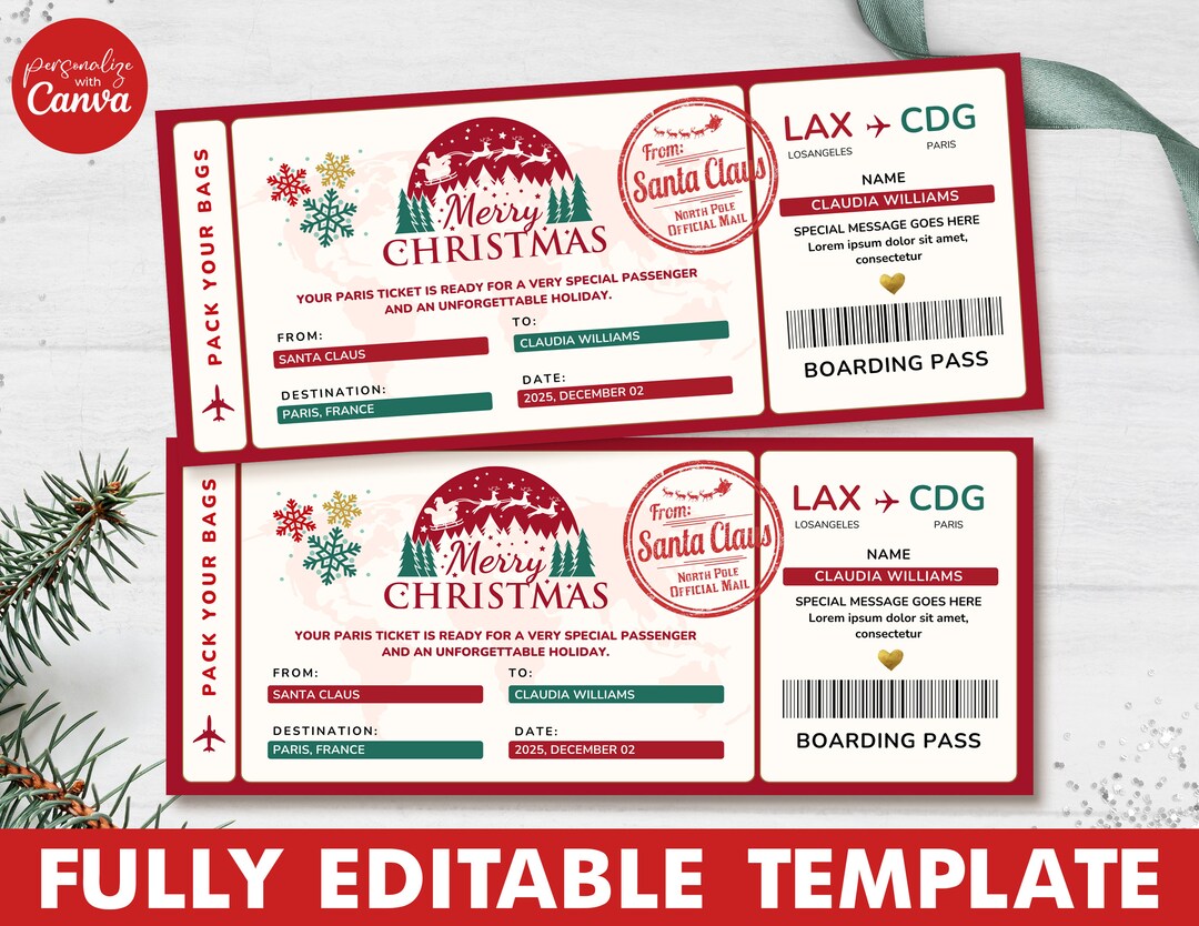 Editable Boarding Pass Christmas Template, Christmas Travel Ticket Template, Printable Surprise