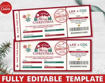 Editable Boarding Pass Christmas Template, Christmas Travel Ticket Template, Printable Surprise Fake Airline, Vacation Airplane Ticket Gift