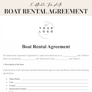 Op de afbeelding: Een zwart-witte sjabloon voor een bootverhuurovereenkomst met de tekst "Boat Rental Agreement" en een plaatsvervanger voor een logo. De sjabloon bevat secties voor de ingangsdatum, de eigenaar van de boot, de huurder en een beschrijving van de boot.
