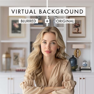 May include: A woman with long blonde hair is sitting in front of a white bookcase with decorative items. The text "VIRTUAL BACKGROUND" is displayed above the bookcase. The text "BLURRED" is displayed on the left side of the image and the text "ORIGINAL" is displayed on the right side of the image.