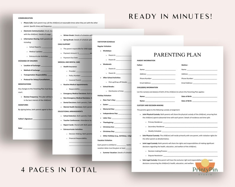 Parenting Plan Template | Editable Child Custody Agreement PDF & Word ...