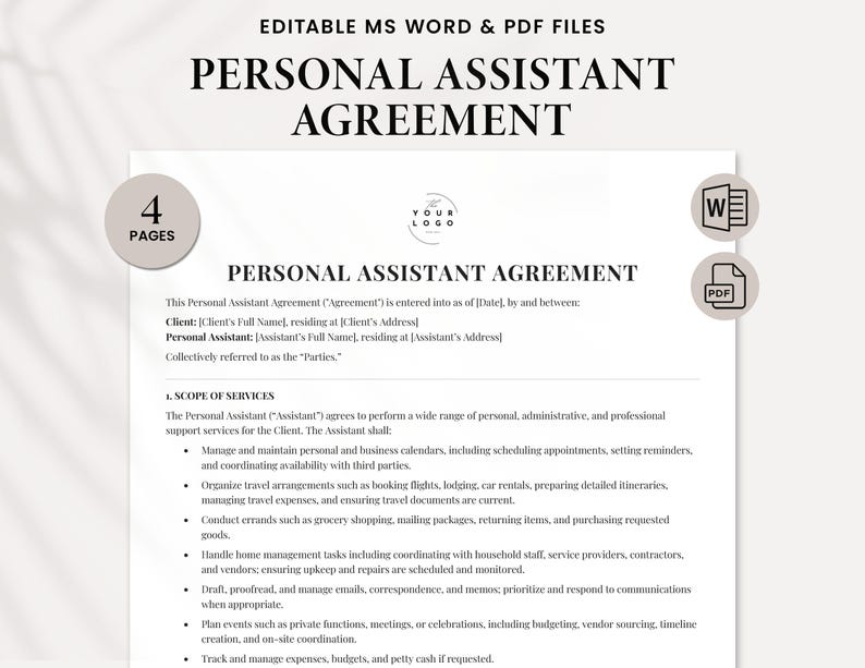 Personal Assistant Contract Template – Editable Agreement | PA Service ...