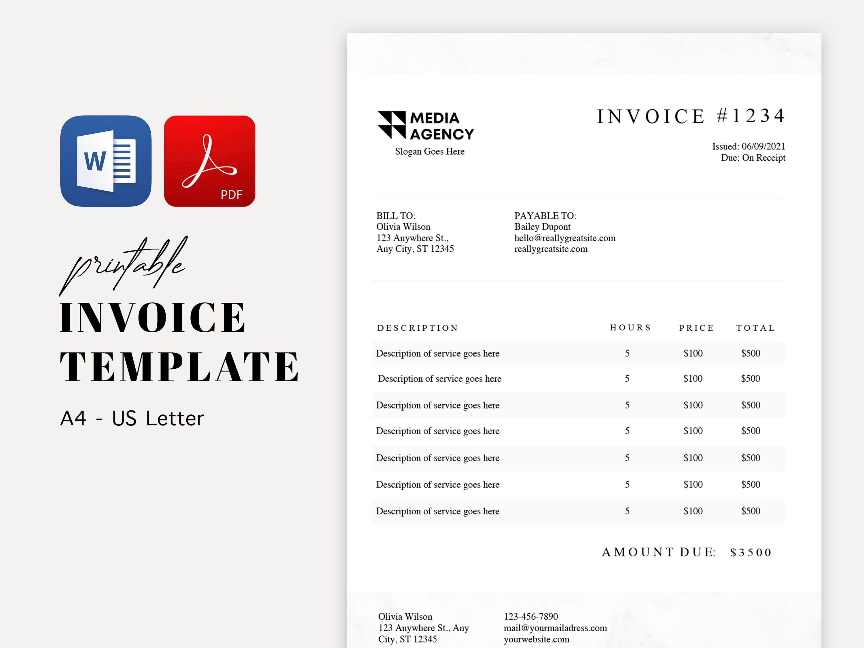 Editable Invoice Template Word PDF Download Printable Customizable ...