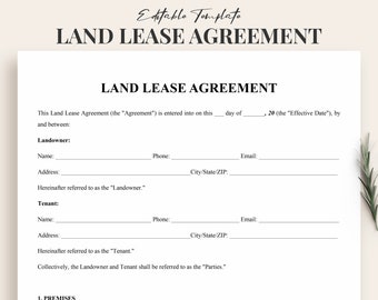 Land Lease Agreement Template Word - Printable, Customizable, Land Rental Contract - Farm, Agriculture, Property Rental - Instant Download