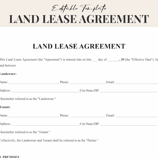 Land Lease Agreement Template Word - Printable, Customizable, Land Rental Contract - Farm, Agriculture, Property Rental - Instant Download