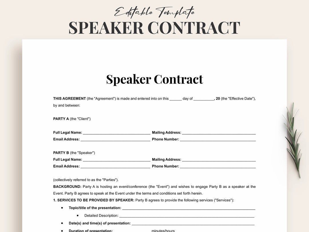Speaker Contract Template Word & PDF Editable / Customizable Agreement Speaker Contract Template Word & PDF Editable / Customizable Agreement