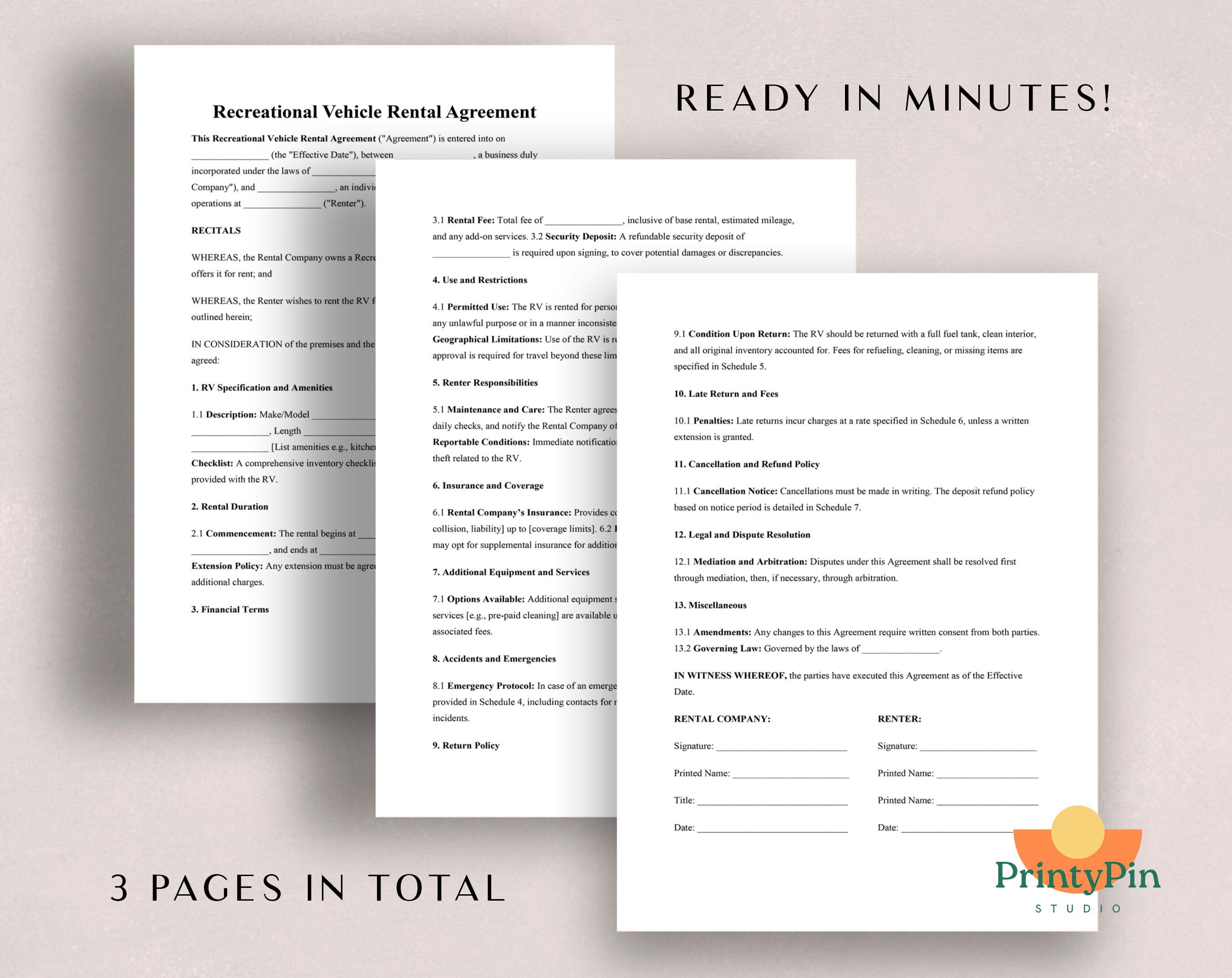 Lambo Rental Form Recreational Vehicle Rental Agreement Template Instant Download ...