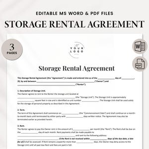 Storage Rental Agreement | Detailed Storage Unit Contract Word Template | Editable Storage Lease Form PDF | Self Storage Agreement