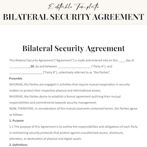 Op de afbeelding: Een zwart-wit juridisch document met de titel "Bilaterale veiligheids overeenkomst". Het document beschrijft het doel en de definities van een veiligheids overeenkomst tussen twee partijen.