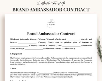 Brand Ambassador Agreement Template | Social Media Influencer Contract Form | Editable Influencer Agreement PDF & Microsoft WORD