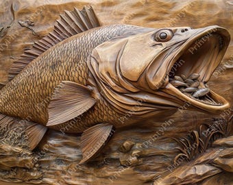 Diseño PNG de pesca de lubina con ilusión 3D: lubina de boca grande y lubina de boca chica lista para grabado láser, descarga digital instantánea