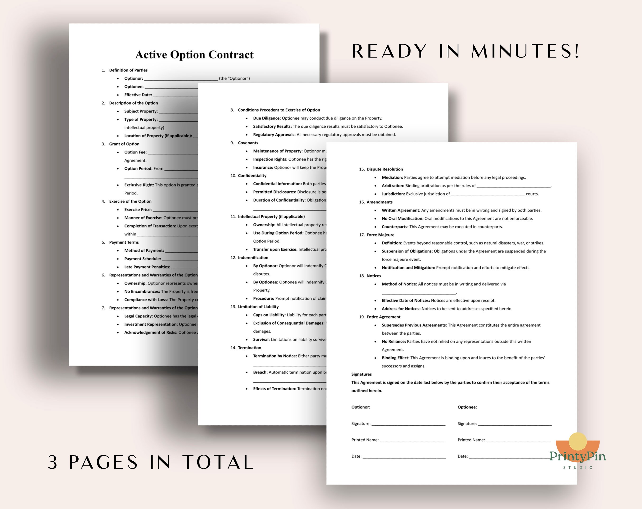 Active Option Contract Template PDF - Legal Agreement Forms for ...