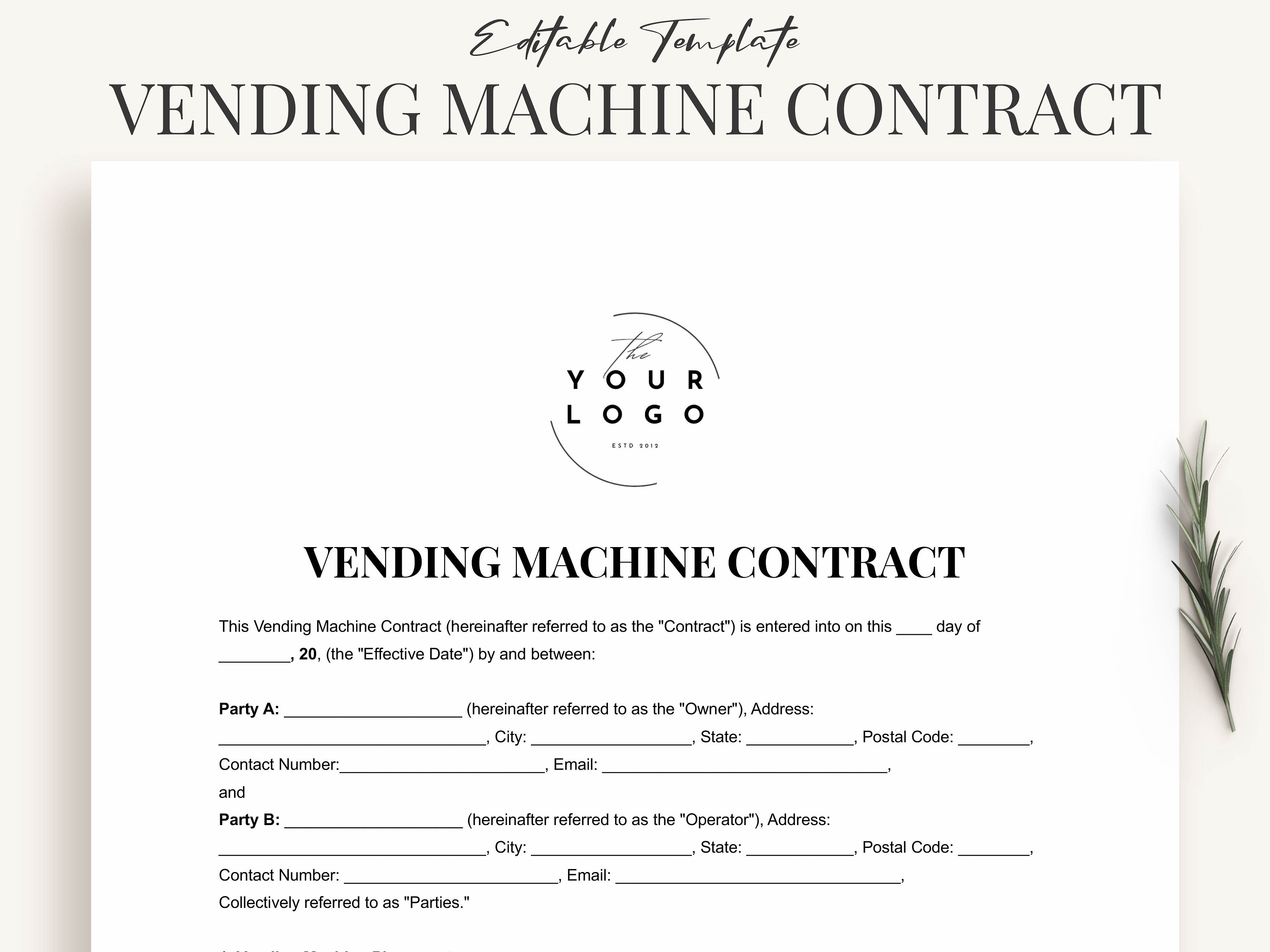 Professional Vending Machine Contract Template Fully Customizable