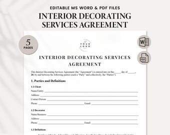 Interior Design Contract Template - Editable Client Agreement for Interior Designers - Interior Decorating Service Agreement Form PDF & WORD