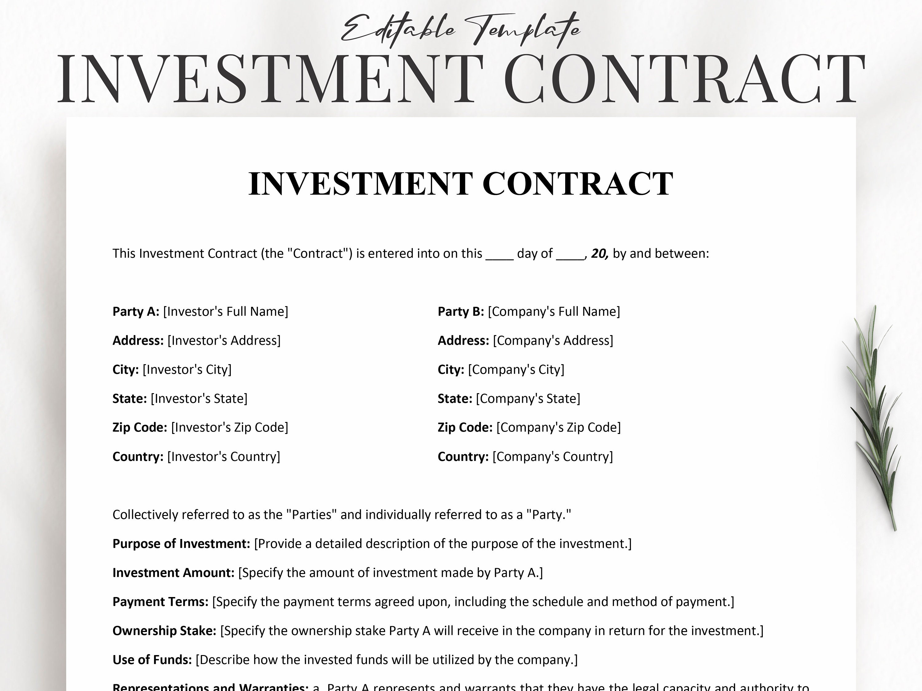 Professional Investment Contract Template in Word & PDF | Comprehensive Legal Agreement for Investors | Download Now