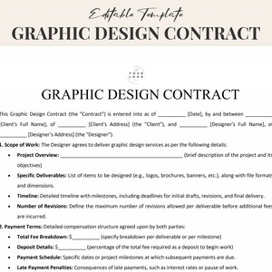Könnte beinhalten: Eine schwarz-weiße Grafikdesign-Vertragsvorlage mit dem Titel "Grafikdesign-Vertrag" oben. Der Vertrag enthält Abschnitte für den Leistungsumfang, die Zahlungsbedingungen und die Zahlungsverzugsgebühren.
