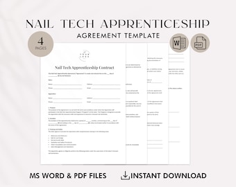 Nail Tech Apprenticeship Contract PDF Template, Nail Technician Agreement, Nail Apprentice Contract, Salon Apprentice