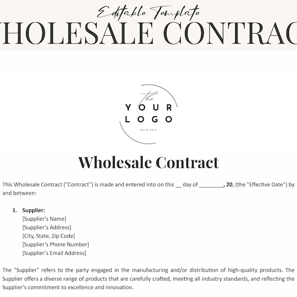 Wholesale Contract Template Word & PDF - Wholesale Agreement Form - Agreement for Suppliers and Retailers - Instant Download