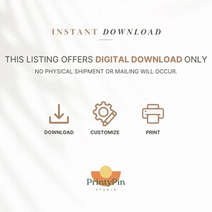 Op de afbeelding: Een digitale downloadafbeelding met de tekst "INSTANT DOWNLOAD" en "THIS LISTING OFFERS DIGITAL DOWNLOAD ONLY NO PHYSICAL SHIPMENT OR MAILING WILL OCCUR." De afbeelding bevat ook pictogrammen om te downloaden, aan te passen en af te drukken. De afbeelding is op een witte achtergrond met een lichtbruine overlay.