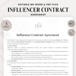 Influencer Contract Template Word - Social Media influencer Contract PDF - Brand influencer Management Agreement - Marketing Collaboration