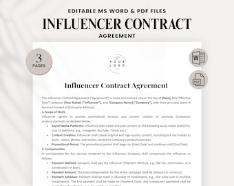 Influencer Contract Template Word - Social Media influencer Contract PDF - Brand influencer Management Agreement - Marketing Collaboration