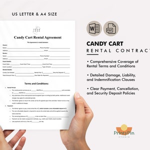 May include: A white Candy Cart Rental Agreement form with a black and white logo. The form includes sections for renter information, event details, rental period, payment, and terms and conditions. The document is titled "Candy Cart Rental Agreement" and includes the text "This Agreement is made between:".