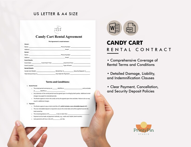 May include: A white Candy Cart Rental Agreement form with a black and white logo. The form includes sections for renter information, event details, rental period, payment, and terms and conditions. The document is titled "Candy Cart Rental Agreement" and includes the text "This Agreement is made between:".