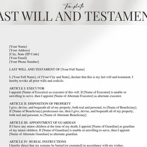 Last Will and Testament Template Printable Legal Document for Estate