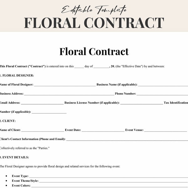 Customizable Floral Contract Template for Weddings & Events - Professional Flower Arrangement Agreement - Florist Contract -Instant Download