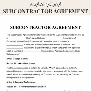 Op de afbeelding: Een zwart-wit juridisch document met de titel "Subcontract Overeenkomst". Het document beschrijft de voorwaarden van een subcontract, inclusief de omvang van het werk, de looptijd en de prestaties, en de aanvang en de duur.