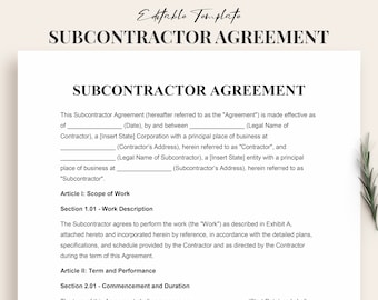 Plantilla de contrato de subcontratista profesional (Word y PDF): formulario de contrato de construcción editable, descarga instantánea, documento para contratistas.