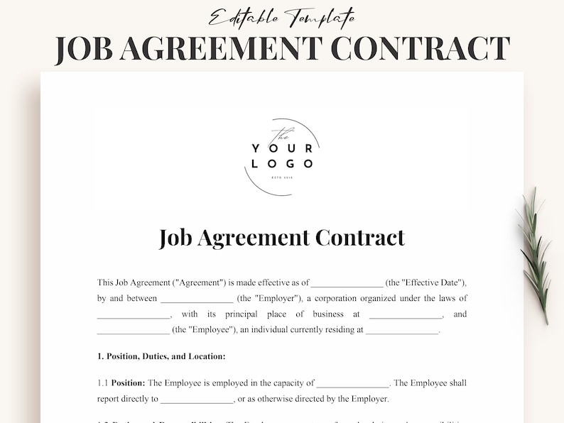 Job Agreement Contract Template - Professional Employment Document ...