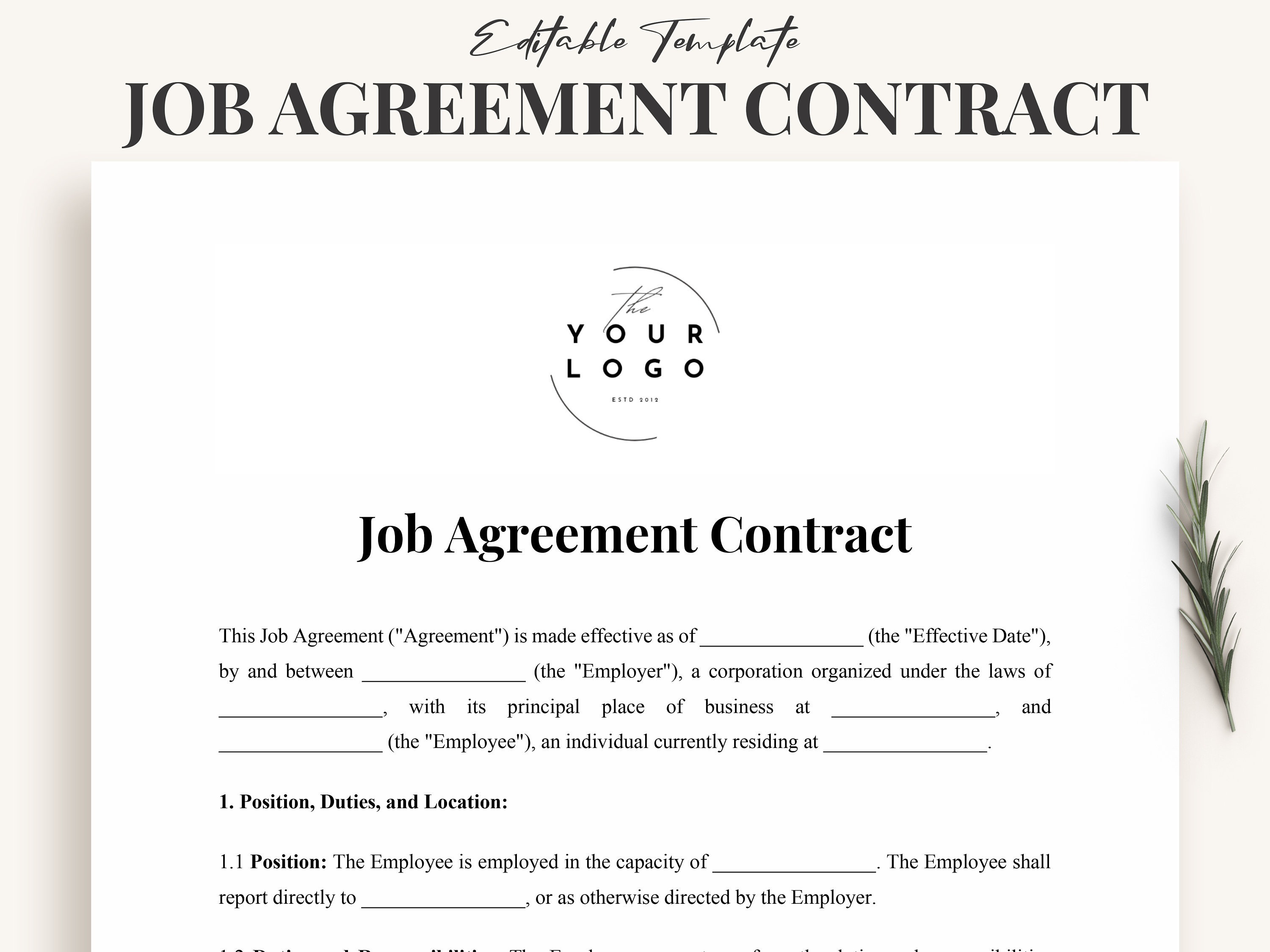 Job Agreement Contract Template - Professional Employment Document ...