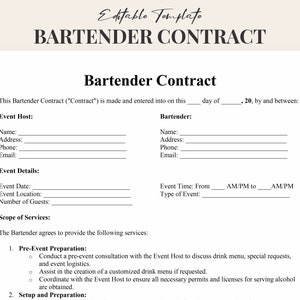Sjabloon barmancontract | Gedetailleerde en professionele bartendingovereenkomst voor bruiloften, bedrijfsevenementen en privéfeesten | Pdf-woord