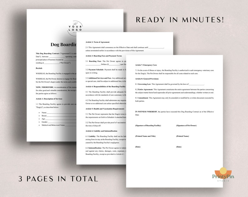 Dog Boarding Contract Template PDF Comprehensive Pet Care Agreement