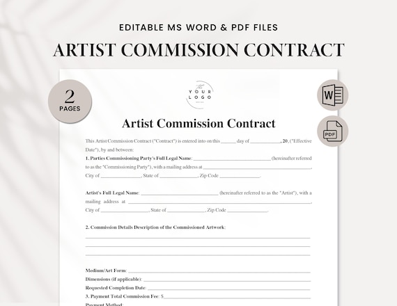 Artist Commission Contract Template Word / PDF - Fully Customizable and Printable Agreement for Art Commissions - Instant Download