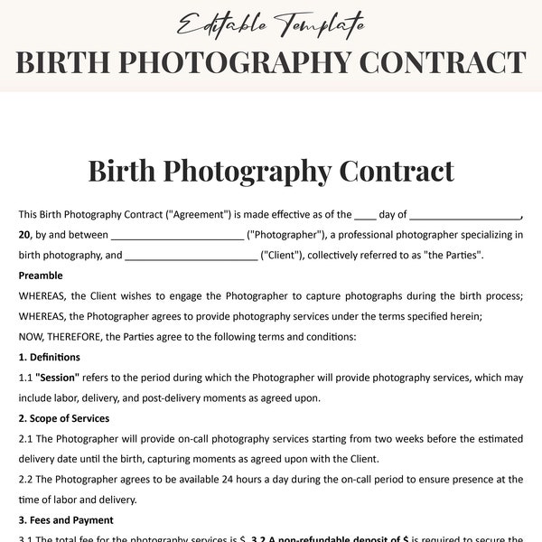 Birth Photography Contract Template - Customizable & Professional Agreement for Photographers - Instant Digital Download, Editable Word/ PDF