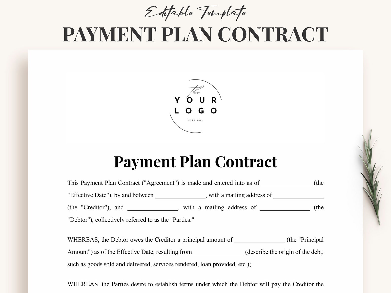 Customizable Payment Plan Contract Template - Easy-to-use Financial ...