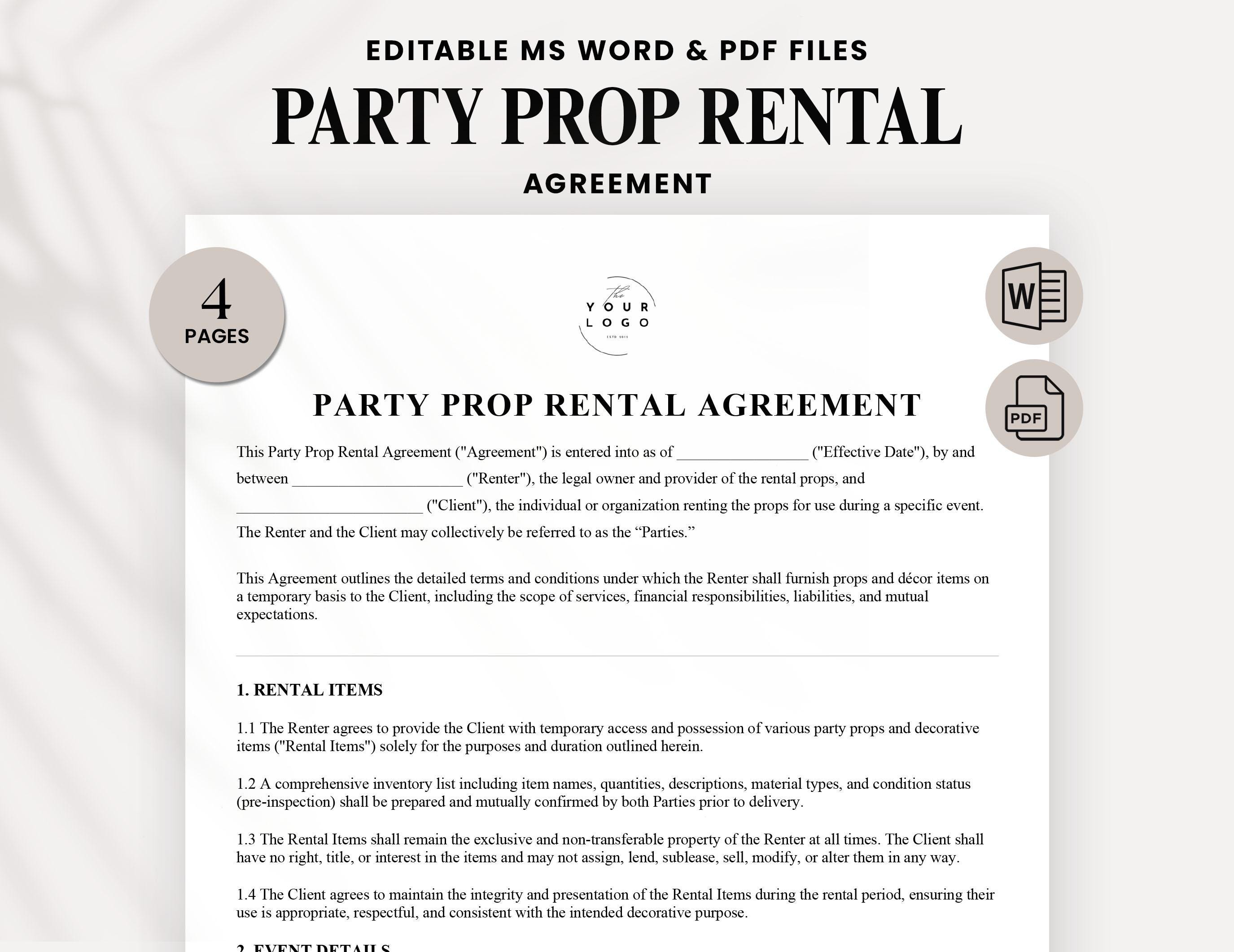 Tyson Prop Rent Form.pdf Party Prop Rental Agreement Template | Event Decor Contract PDF & Word ...