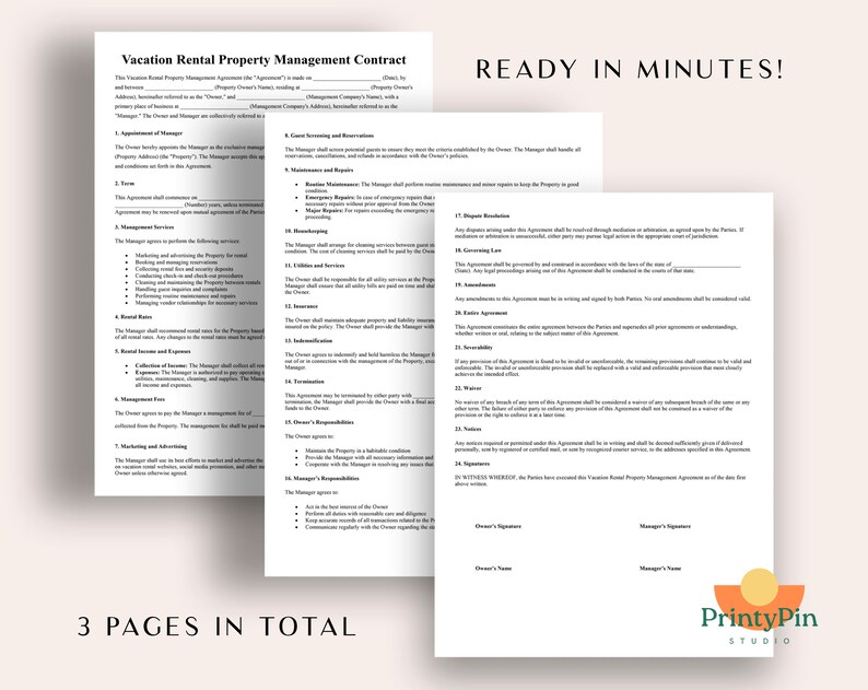 May include: Three-page vacation rental property management contract. The document is white with black text and includes sections for agreement, services, and responsibilities. Text on the image reads "READY IN MINUTES!" and "3 PAGES IN TOTAL."