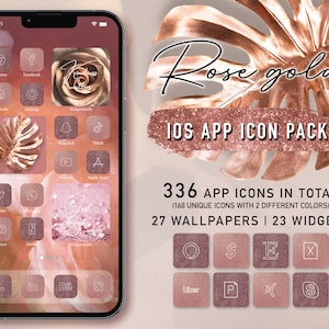 以下が含まれることがあります： ローズゴールドのiOSアプリアイコンパック。合計336個のアイコン、2種類の異なる色で168個のユニークなアイコン、27個の壁紙、23個のウィジェットが含まれています。アイコンは、白いアウトラインでローズゴールドのカラーテーマになっています。アイコンは、携帯電話の画面と白い背景に表示されます。