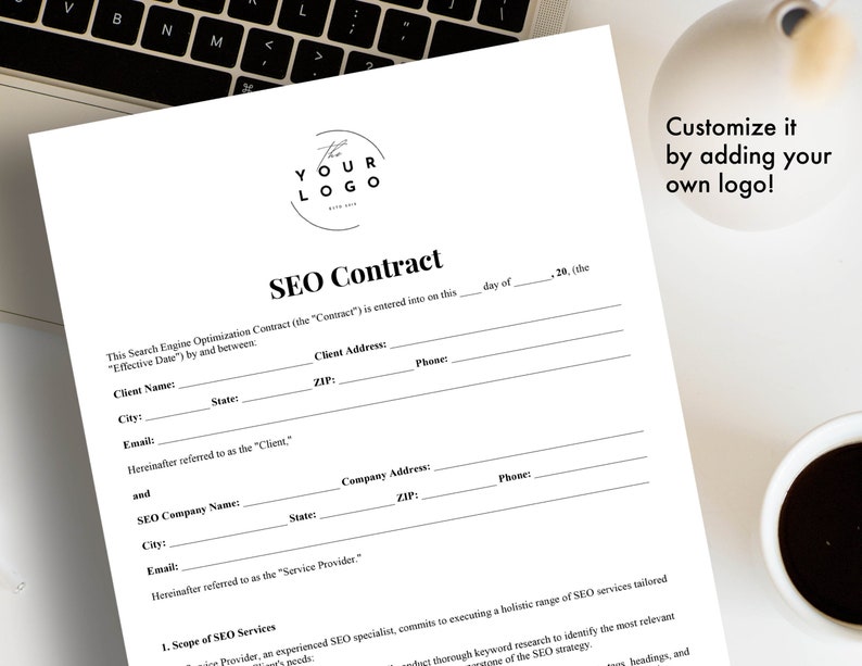 Puede incluir: Una plantilla de contrato SEO en blanco y negro con el texto "SEO Contract" en negrita en la parte superior. La plantilla incluye campos para la informaci&oacute;n del cliente y de la empresa, as&iacute; como una secci&oacute;n para el alcance de los servicios SEO.