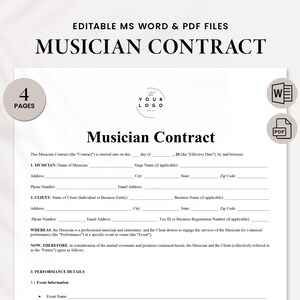 Editable Musician Contract Template Word - Professional Agreement for Musicians - Gig contract - Musician Collaboration - Instant Download