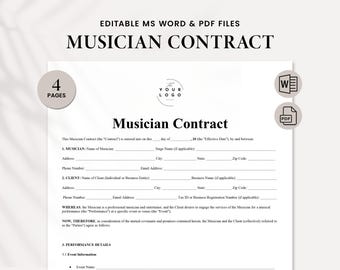 Editable Musician Contract Template Word - Professional Agreement for Musicians - Gig contract - Musician Collaboration - Instant Download