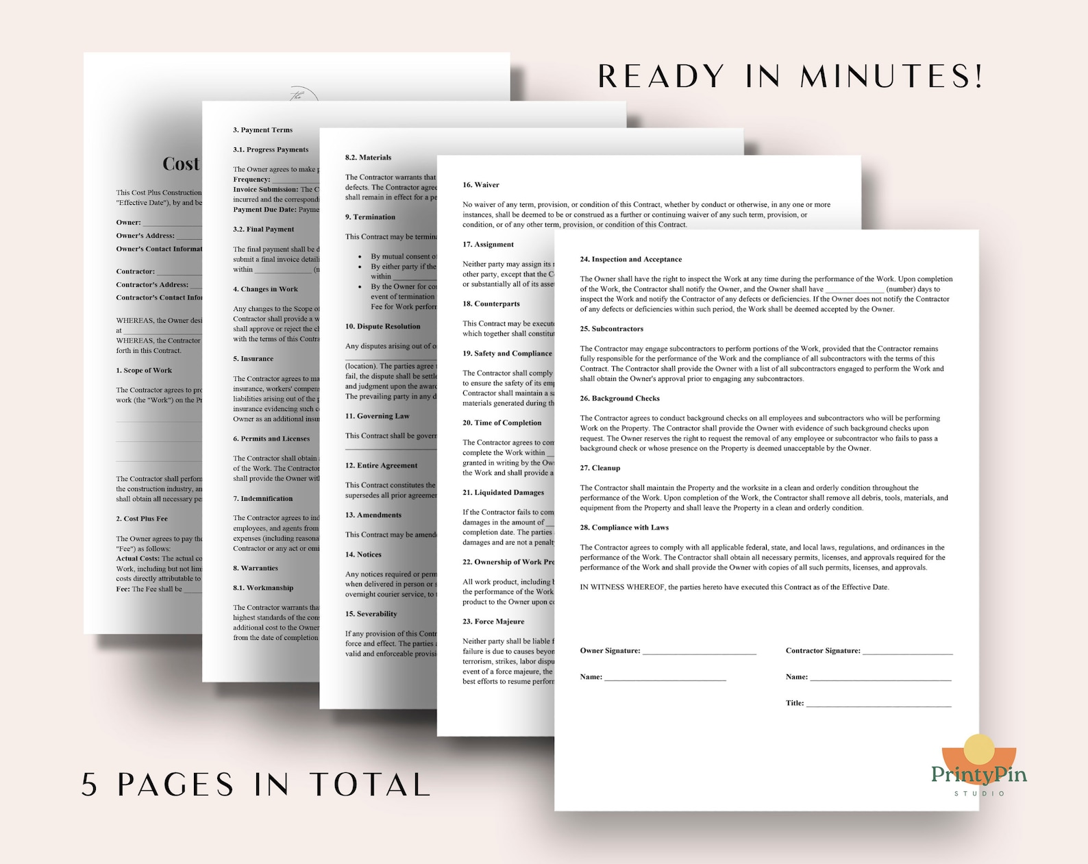 Cost Plus Construction Contract Template Editable Construction