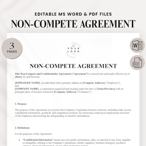 Non-Compete Agreement Template | Employee Confidentiality Contract | Business Protection & Non Solicitation Form | Editable Word / PDF