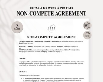 Non-Compete Agreement Template | Employee Confidentiality Contract | Business Protection & Non Solicitation Form | Editable Word / PDF