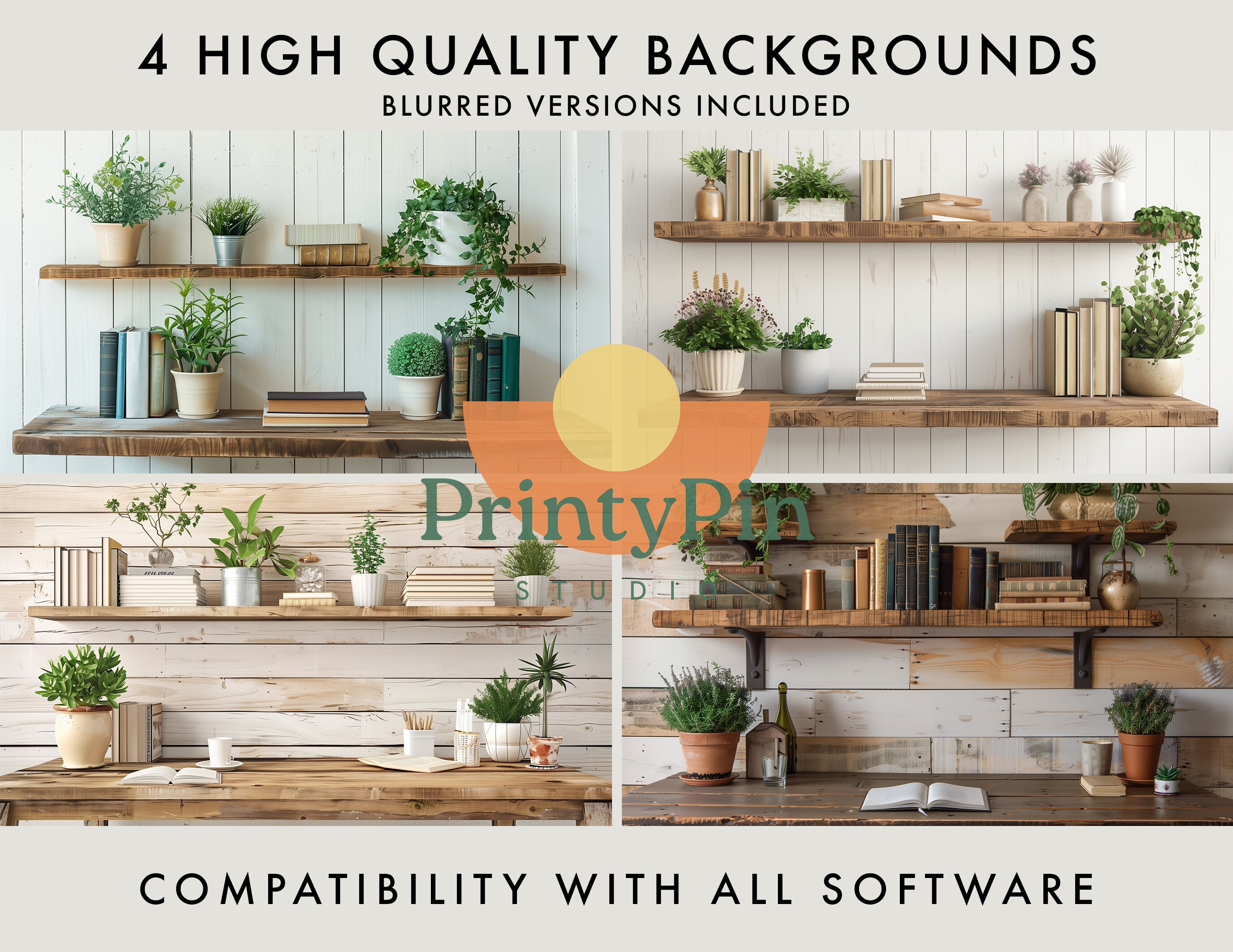 Rustic Botanical Shelf Zoom Backgrounds – Set of 4 Natural Plant ...