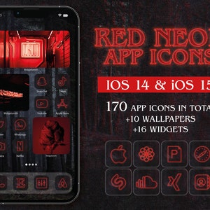 RED Neon iOS 14, 15 & iOS 16 App Icon Pack, 170 Ästhetische Neon Icons für iPhone Home Screen Design, iPhone Widget, iPhone Theme, Wallpapers