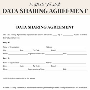 May include: A black and white printable data sharing agreement template. The document includes sections for the names of the parties, their addresses, and contact information. The text "Data Sharing Agreement" is at the top of the page.